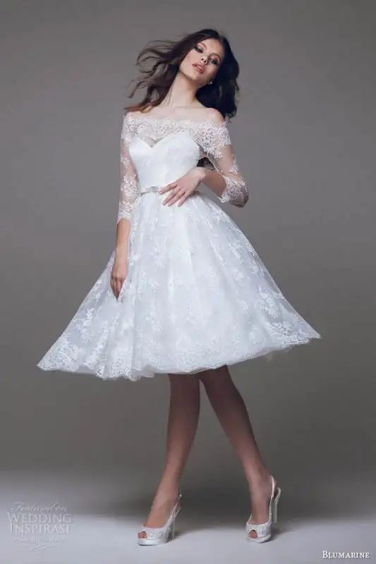 blumarine-bridal-2015-beautiful-short-wedding-dress-off-the-shoulder-lace-sleeves