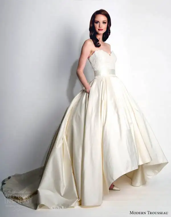modern-trousseau-wedding-dresses-fall-2015-honor-strapless-ball-gown-high-low-hemline-skirt