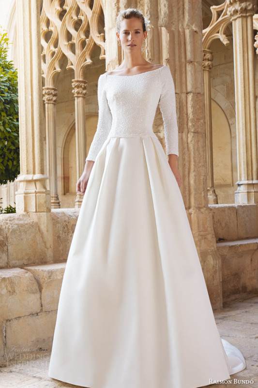 raimon-bundo-bridal-2015-maxim-long-sleeve-beateau-neckline-wedding-dress-pleated-skirt